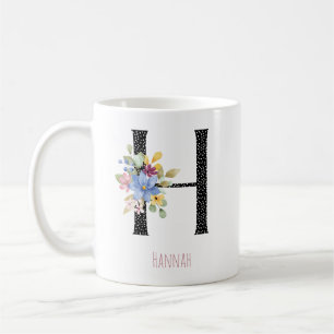 Taza De Café Acuarela Floral Monograma H Nombre Lunares Negros