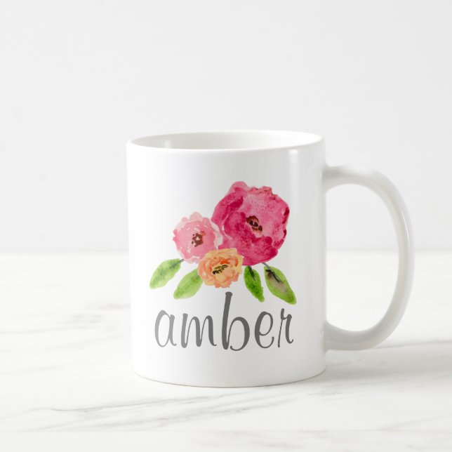 Taza De Café Acuarela Floral Nombre personalizado Girly Monogra (Derecha)