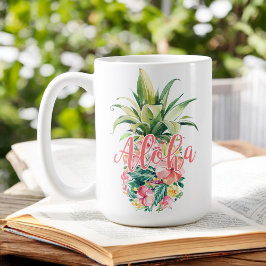 Taza De Café Acuarela Floral Tropical Pineapple Aloha