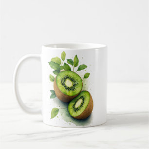 Taza De Café Acuarela Fruta Kiwi y Hojas Verdes Cocina