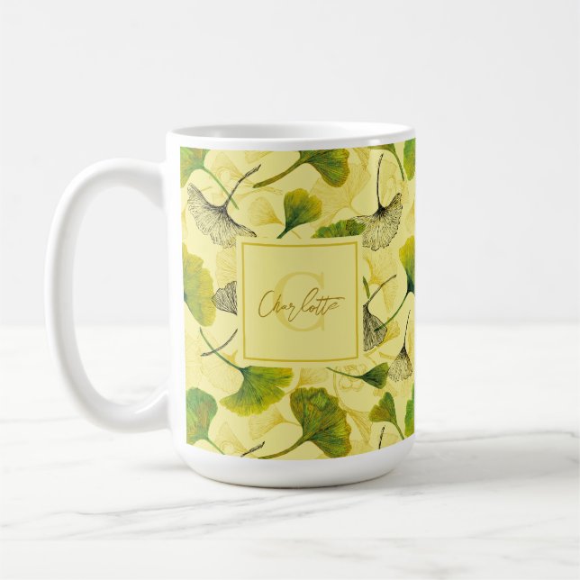 Taza De Café Acuarela Ginkgo Biloba Deja Patrón Botánico (Izquierda)