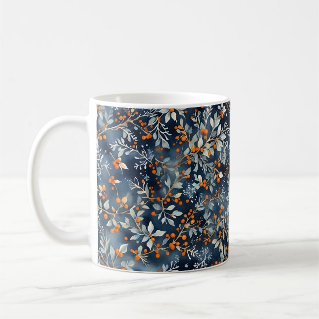 Taza De Café Acuarela Hielo Azul Invernal Patrón Floral Mug (Izquierda)