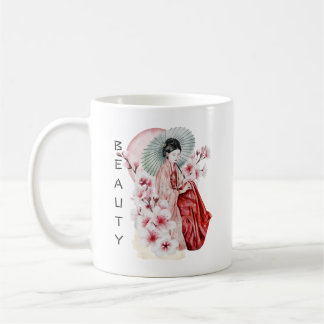 Taza De Café Acuarela japonesa de geisha con Kimono y Sakura