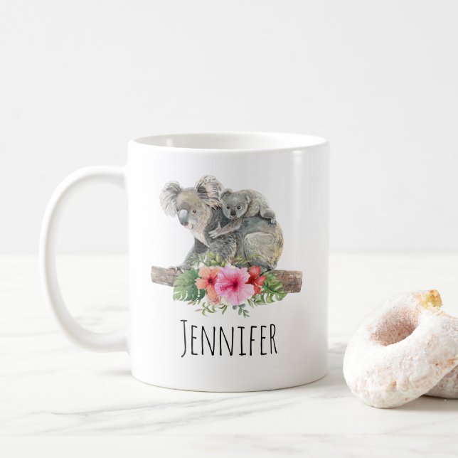 Taza De Café Acuarela Koala Bears Cuece Mamá Y Bebé (Con donut)