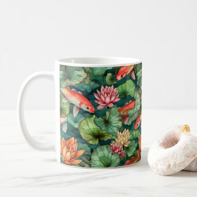 Taza De Café Acuarela Koi y Water Lilies Mug (Con donut)