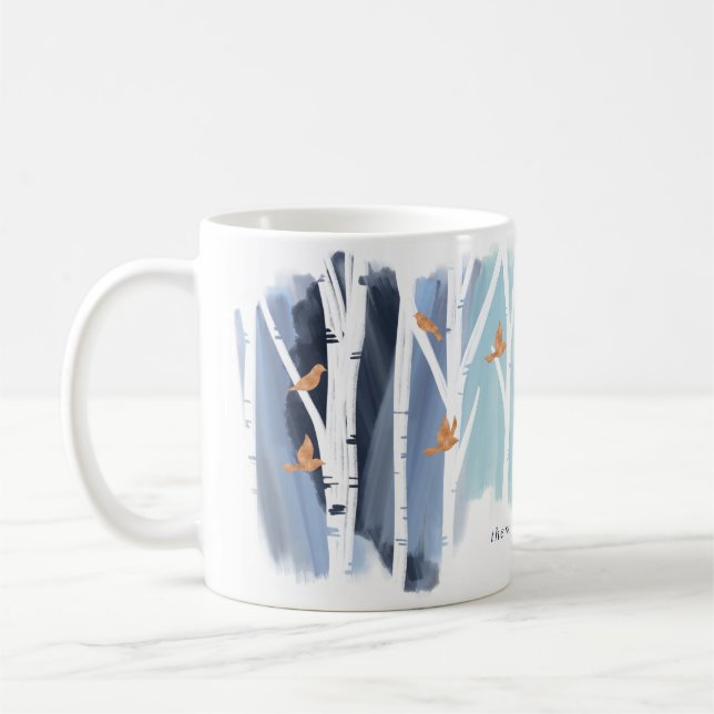 Taza De Café Acuarela Lavado de Gris Árboles de Birch y palomas (Izquierda)