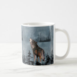 Taza De Café Acuarela Lonely Wolf Howling a través del lago