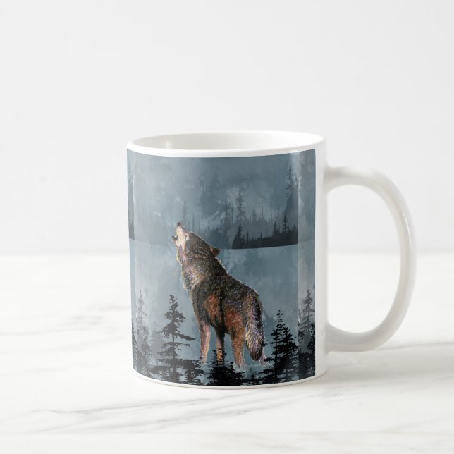 Taza De Café Acuarela Lonely Wolf Howling a través del lago (Derecha)