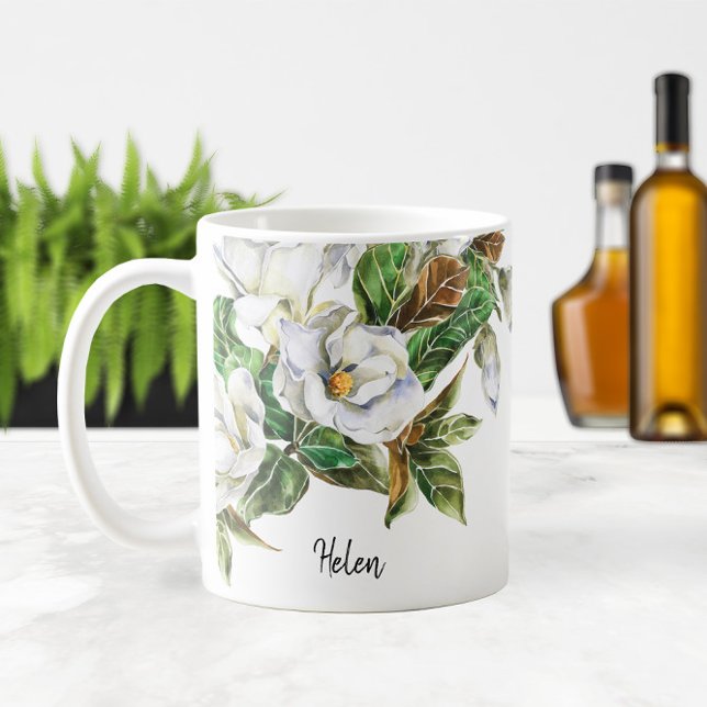 Taza De Café ☕ acuarela Magnolias Nombre o Monograma (☕ Watercolor Magnolias Name or Monogram Coffee Mug
)