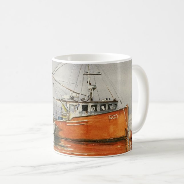 Taza De Café Acuarela Maine Pescador Bote Océano Naranja Gris (Anverso derecho)