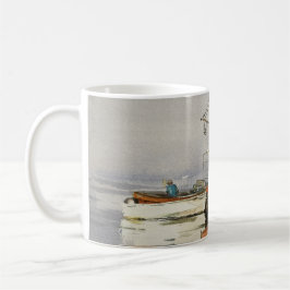 Taza De Café Acuarela Maine Pescador Bote Océano Naranja Gris