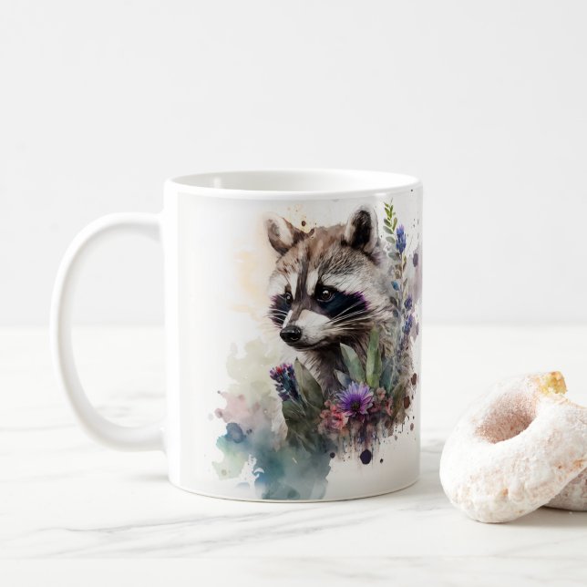 Taza De Café Acuarela Mapache Lindo Flores de Primavera         (Con donut)