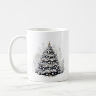 Taza De Café Acuarela moderna Árbol de Navidad blanco y negro