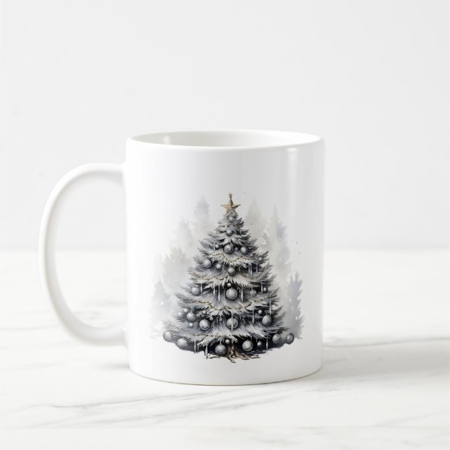 Taza De Café Acuarela moderna Árbol de Navidad blanco y negro (Izquierda)
