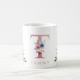 Taza De Café Acuarela Monograma Letra floral T Café Mug