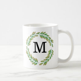 Taza De Café Acuarela Monograma Oro Hojas Verdes Wreath
