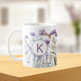 Taza De Café Acuarela Monogramada Purple Wildflower Meadow