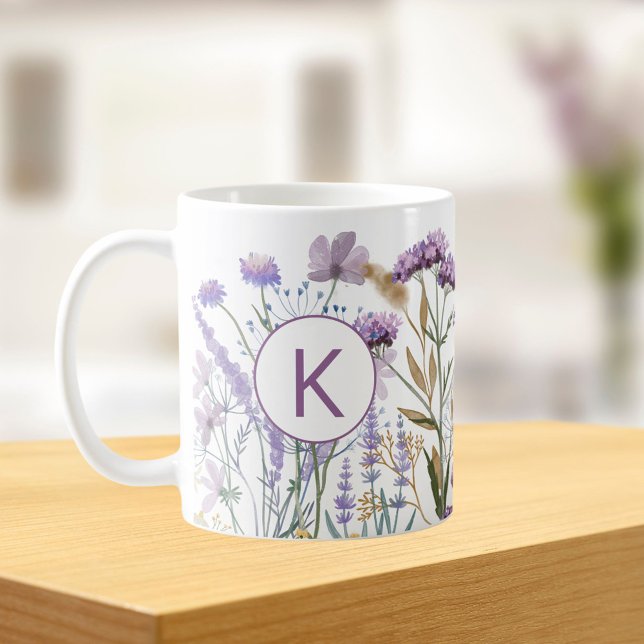 Taza De Café Acuarela Monogramada Purple Wildflower Meadow (In situ Kitchen table)