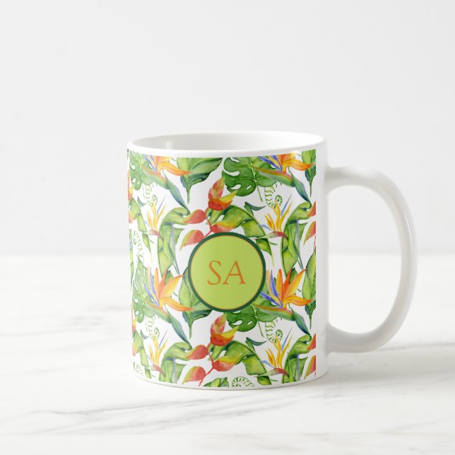 Taza De Café Acuarela Monstruo Verde Tropical y hojas Naranjas (Derecha)