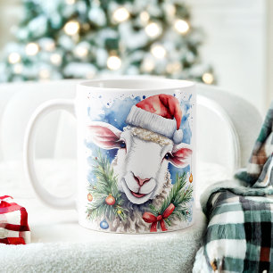 Taza De Café Acuarela Navidades de ovejas festivas