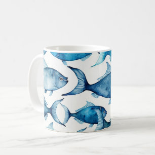 Taza De Café Acuarela Océano Pescado Azul. Patrón de playa náut