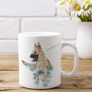 Taza De Café Acuarela Pastor Alemán Malinois Personalizado