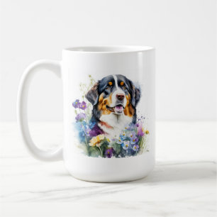 Taza De Café Acuarela Perro de Montaña Bernés con Flores