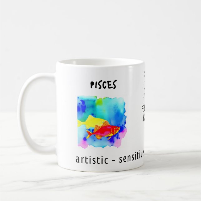 Taza De Café acuarela Pisces zodiac signo y características (Izquierda)