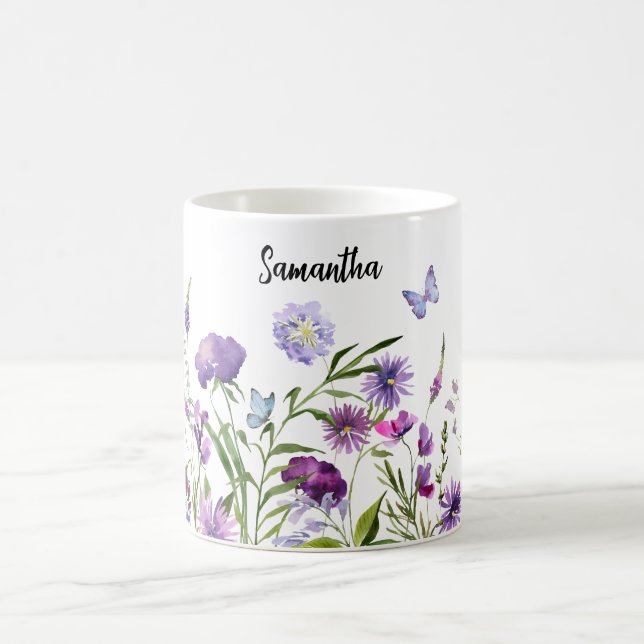 Taza De Café Acuarela Púrpura Púrpura Flores Silvestres Jardín  (Centro)