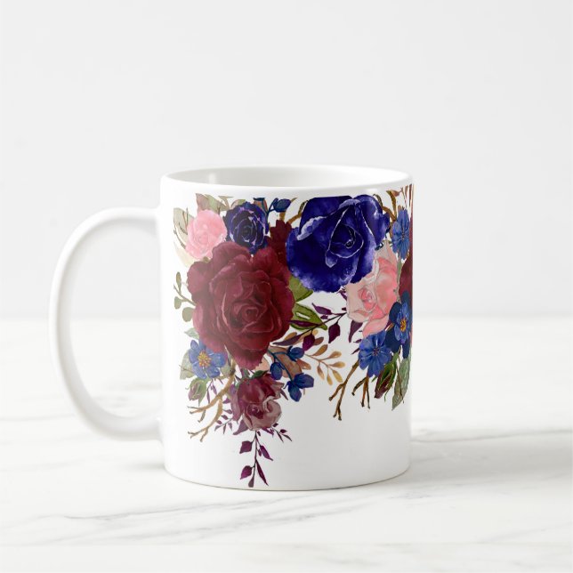 Taza De Café Acuarela Rosas Florales Marineras Burgundy Hermosa (Izquierda)