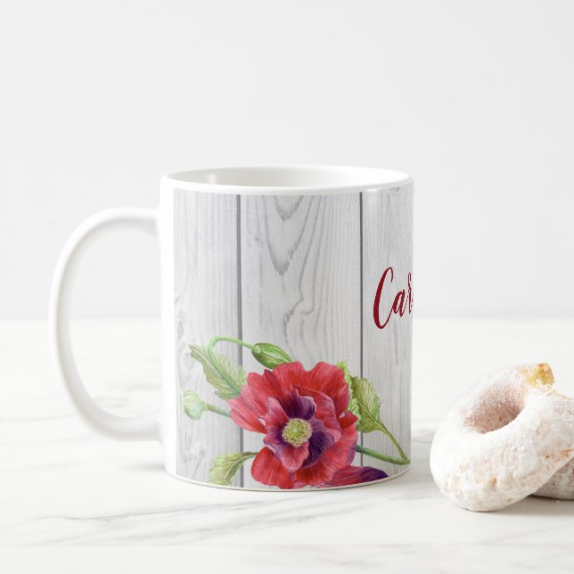 Taza De Café Acuarela Rusa Rojo Poppies Ilustracion Floral (Con donut)