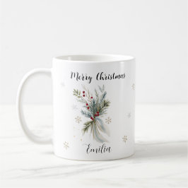 Taza De Café Acuarela Rústica Pino Floral Merry Navidad Nombre