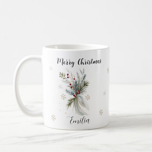 Taza De Café Acuarela Rústica Pino Floral Merry Navidad Nombre (Izquierda)
