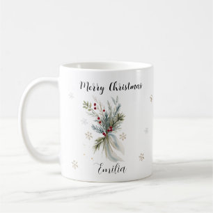 Taza De Café Acuarela Rústica Pino Floral Merry Navidad Nombre