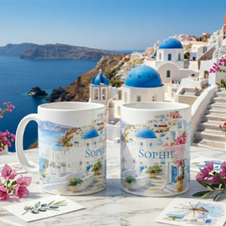 Taza De Café Acuarela Santorini Grecia Regalo con Nombre Person