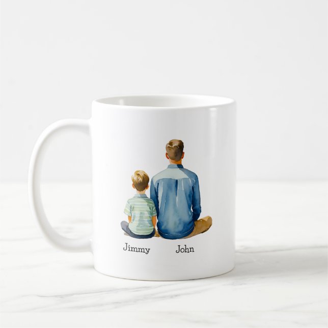 Taza De Café Acuarela Sitting Dad and Son Names Fathers Day (Izquierda)