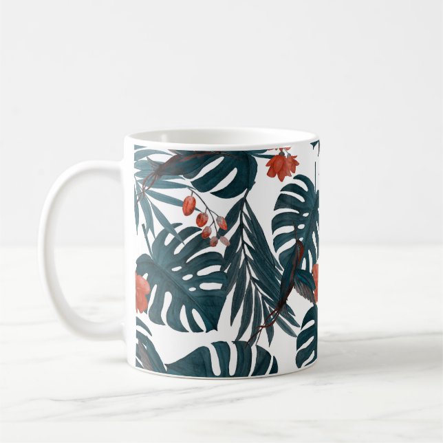 Taza De Café acuarela tropical, hojas, flores, colibríes (Izquierda)