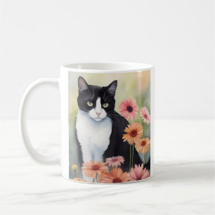Taza De Café Acuarela Tuxedo Cat Con Flores Gerbera Daisy