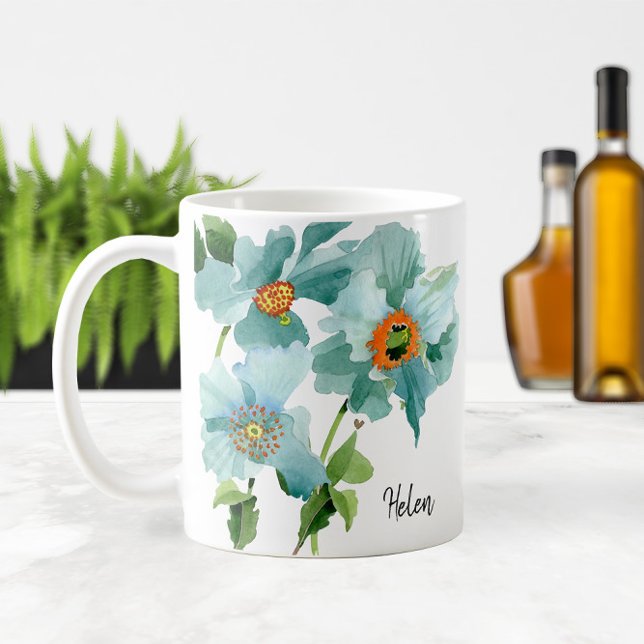 Taza De Café 💦 acuarela Verde azulada Papas o monograma (💦 Watercolor Teal Poppies Name or Monogram Coffee Mug
)
