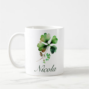 Taza De Café Acuarela Verde Trébol de Cuatro Hojas Día de San P