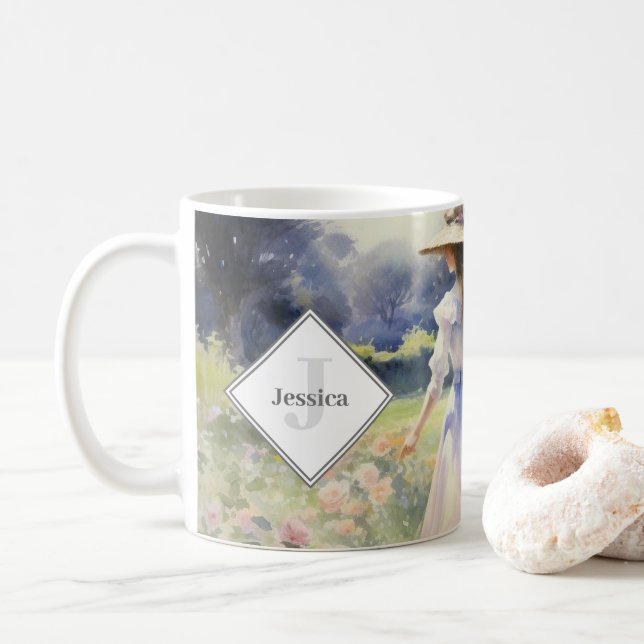 Taza De Café Acuarela virgen de campo monogramada (Con donut)