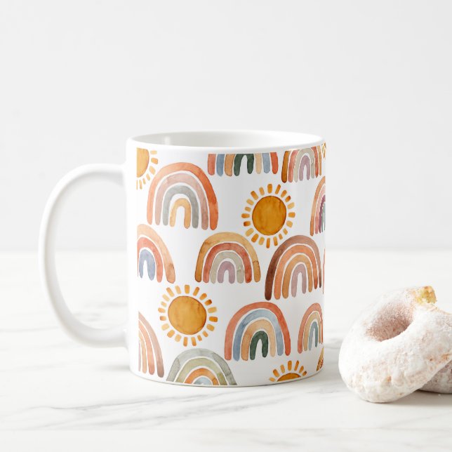 Taza De Café Acuarela Whimsical Boho Arcoiris y Sun Kids  (Con donut)