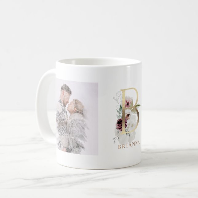 Taza De Café Acuarela y oro | Monograma de dos letras de foto B (Anverso izquierdo)