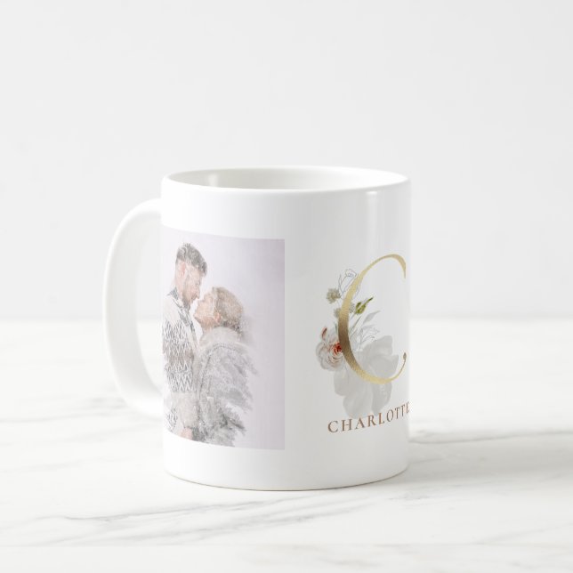 Taza De Café Acuarela y oro | Monograma de dos letras de foto C (Anverso izquierdo)