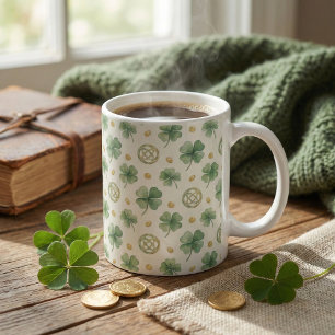 Taza De Café Acuarelas de tréboles de cuatro hojas y nudos celt