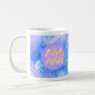 Taza De Café Acuario Púrpura Azul Acuarela Astrología Zodiaco 