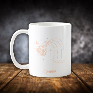 Taza De Café Acuario Zodiaco Arte de Línea Blanco Melocotón