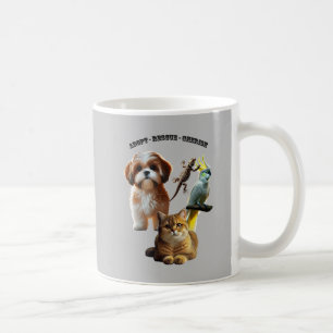 Taza De Café Adopción mascota con perro, gato, pájaro y lagarti