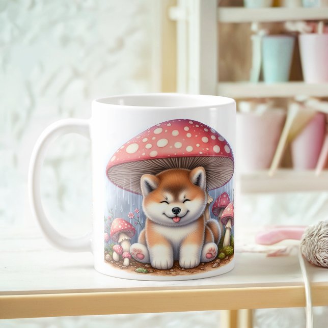 Taza De Café Adorable Akita Inu Cuppy Bajo El Paraguas De Un Mu (Subido por el creador)