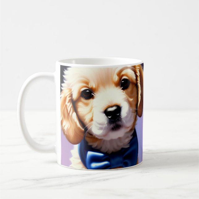 Taza De Café Adorable Cachorro Fluffy con Azulejos de Bow Azul (Izquierda)